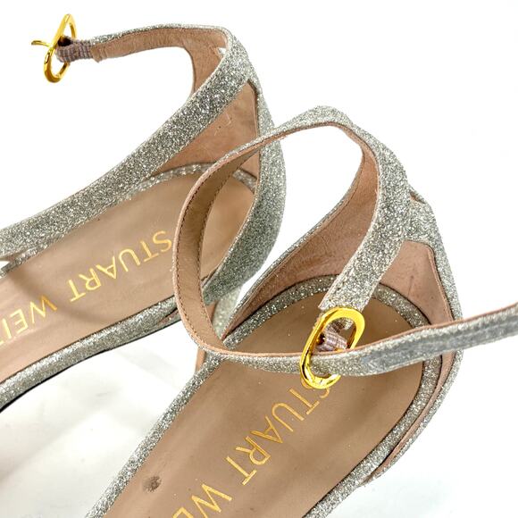 Stuart Weitzman Nudistcurve Heels 9 Platino Silver Sandal Wedding Bridal Glam - Picture 8 of 10